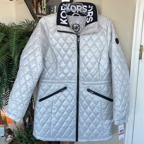 Brand New Michael Kors Opal Gray Quilted Stitch Logo Neck Zippered Jacket Coat - Picture 15 of 15